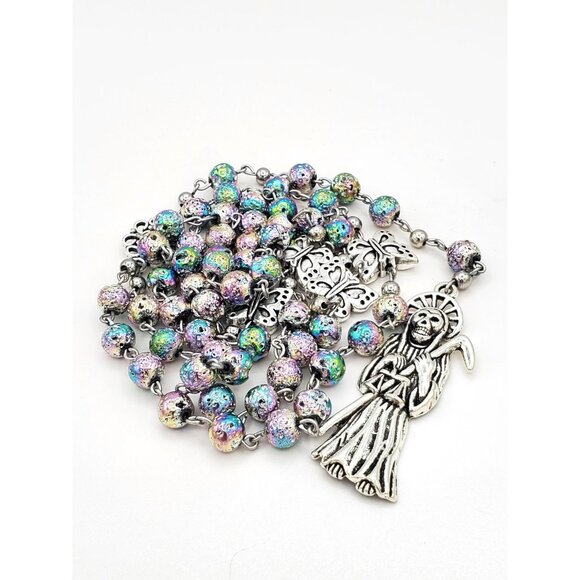 Handmade Electroplate Lava Santa Muerte Rosary Holy Death Amulet Prayer Beads - Picture 2 of 10